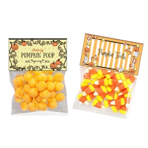 May include: Two clear plastic bags of Halloween candy. One bag contains orange, round, cheesy snacks with a label that reads "cheesy PUMPKIN POOP". The other bag has candy corn with a label that reads "Pumpkin Teeth".