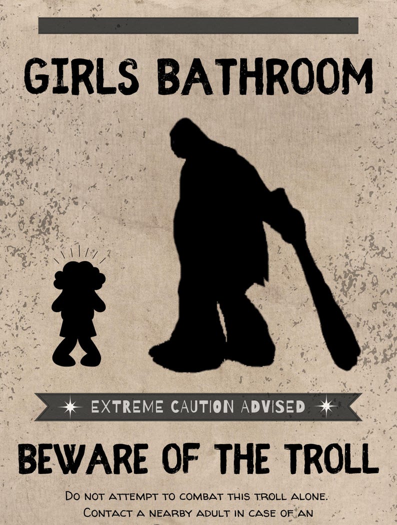 First Warning Troll Printable Girls Bathroom Sign: No Trolls Allowed - Wizard Party Decor ...