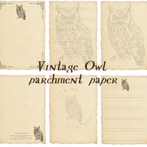 Könnte beinhalten: Satz mit vier bedruckbaren Blättern aus Vintage-Pergamentpapier mit Eulen. Jedes Blatt zeigt eine andere Eulenillustration und einen dekorativen Rand. Der Text "Vintage Owl Parchment Paper" ist in brauner Kursivschrift oben auf den Blättern gedruckt.