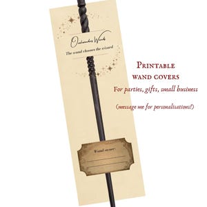 May include: A dark brown wand with a twisted handle rests on a cream-colored card featuring the text Oakwonders Wands, The wand chooses the wizard, Printable WAND COVERS, For parties, gifts, small business, message me for personalisations, and Wand owner.