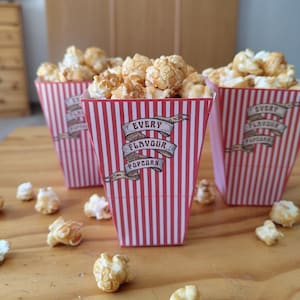 Boîte à pop-corn imprimable toutes les saveurs, accessoires de fête sur le thème, conteneur de pop-corn à rayures rouges et blanches pour cadeau de fête, bonbon d'anniversaire