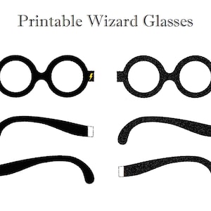 Puede incluir: Plantilla imprimible para gafas de mago. La plantilla incluye dos pares de gafas redondas con un diseño de rayo y dos pares de cejas curvas.