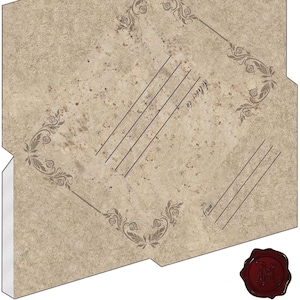 Enveloppe sombre imprimable Witchy avec tampons d'école de magie et cachet de cire pour faire des invitations et des cadeaux sur le thème du sorcier