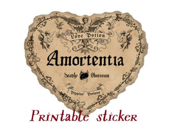 Pegatina/etiqueta imprimible de poción de amor Amortentia para tus pociones caseras. Materiales para manualidades con temática de magos.