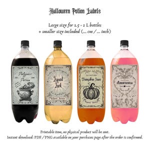 May include: Four large plastic bottles with black, yellow, orange, and pink liquids. Each bottle has a vintage-style label with text and illustrations. The labels read "Polyjuice Potion," "Liquid Luck," "Pumpkin Juice," and "Amortentia."