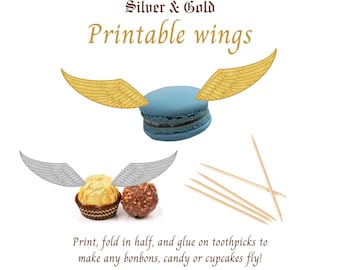 Alas imprimibles plateadas y doradas para decoraciones y dulces con temática de hadas y ángeles.