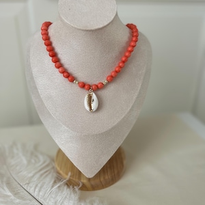 Coral Beaded Choker Necklace: Gold Cowrie Shell Pendant, Boho Jewelry
