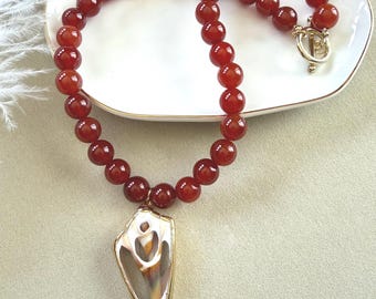 Carnelian Necklace with Shell Pendant, Gold Filled