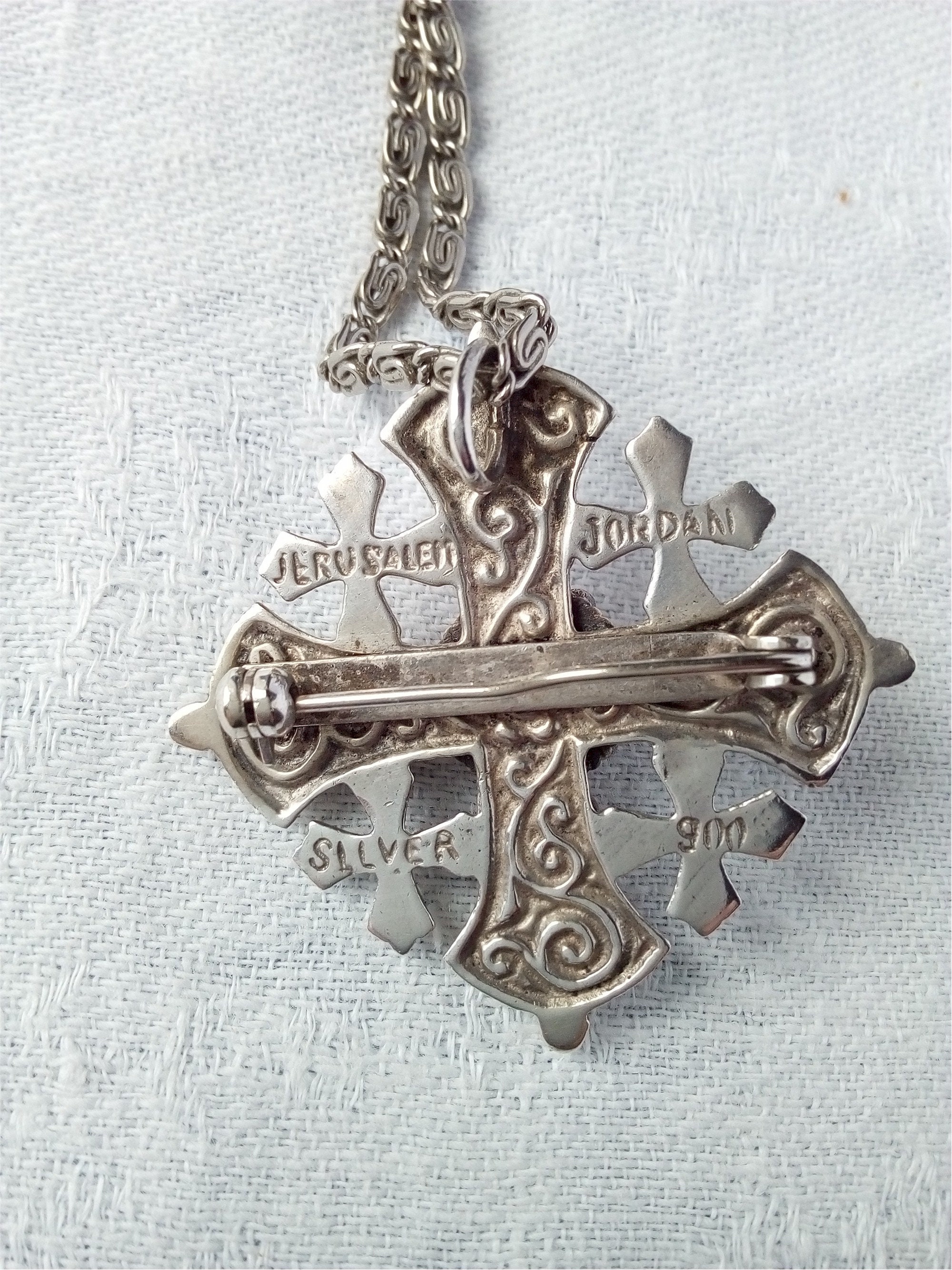 Ornate Vintage 900 Silver Jerusalem Jordan Cross Pendant and