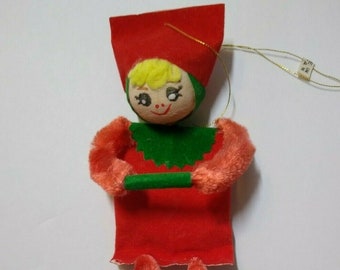 Mid Century Modern Pixie Elf Knee Hugger Christmas Ornament Japan Tag Cloth Felt Unique Gift