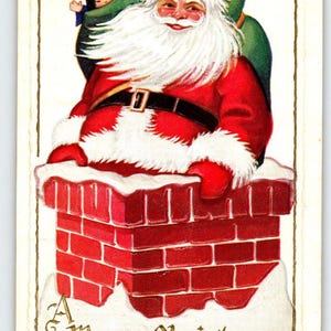 Santa Claus Christmas Postcard Jolly Ole Saint Nick In Chimney Top Embossed Unique Gift