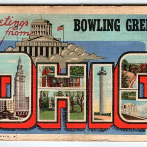 Carte postale grande lettre Salutations de Bowling Green Ohio des années 40, lin Curt Teich