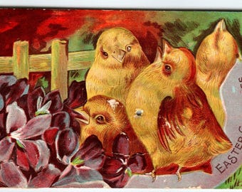 Easter Postcard Baby Chicks Flowers Eastertide Embossed Vintage HOLE IN CENTER