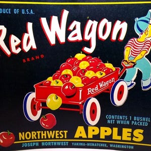 Red Wagon Apple Fruit Crate Label Boy Carts Red & Gold Bushel 1940's Vintage Unique Gift