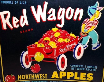 Vintage Red Wagon Apfelkiste Etikett, 1940s Fruit Art