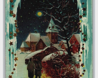 Vintage 1914 Embossed Christmas Postcard Snowy Village Bells