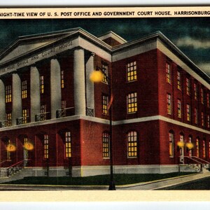 Vue nocturne du bureau de poste américain de Harrisburg, Virginie, carte postale, lin, milieu du siècle
