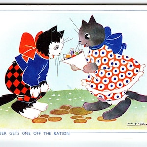 Angezogene Katzen Postkarten Kätzchen Willy Schemele Mouser bekommt One Off The Ration UK Einzigartiges Geschenk