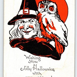 Carte postale Halloween sorcière, hibou, lune, ville métropolitaine antique, sites effrayants et thrillers, cadeau unique