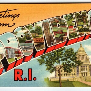 Carte postale en lin, Rhode Island, grande lettre, Salutations de la Providence Berger Bros