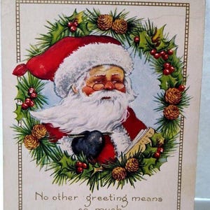 Christmas Postcard Santa Claus Behind Decorated Wreath 1923 Whitney Vintage