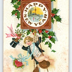 Bonne année carte postale enfant garçon en chapeau haut de forme horloge coucou vintage Stecher 218 B