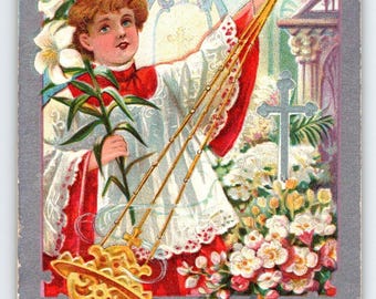 Easter Postcard 1900's Chroir Boy Holes Incense Lilies Embossed Greetings 1909