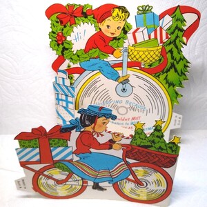 Carte de voeux de Noël Kids on Bikes découpée pliable rétro milieu du siècle cadeau unique