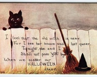 Vintage 1913 Halloween Black Cat Witch Broom Divided Back Postcard