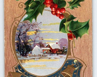 Christmas Joys Postcard Rustic Oval Cottage Snow Holly Bells Embossed Nash 43