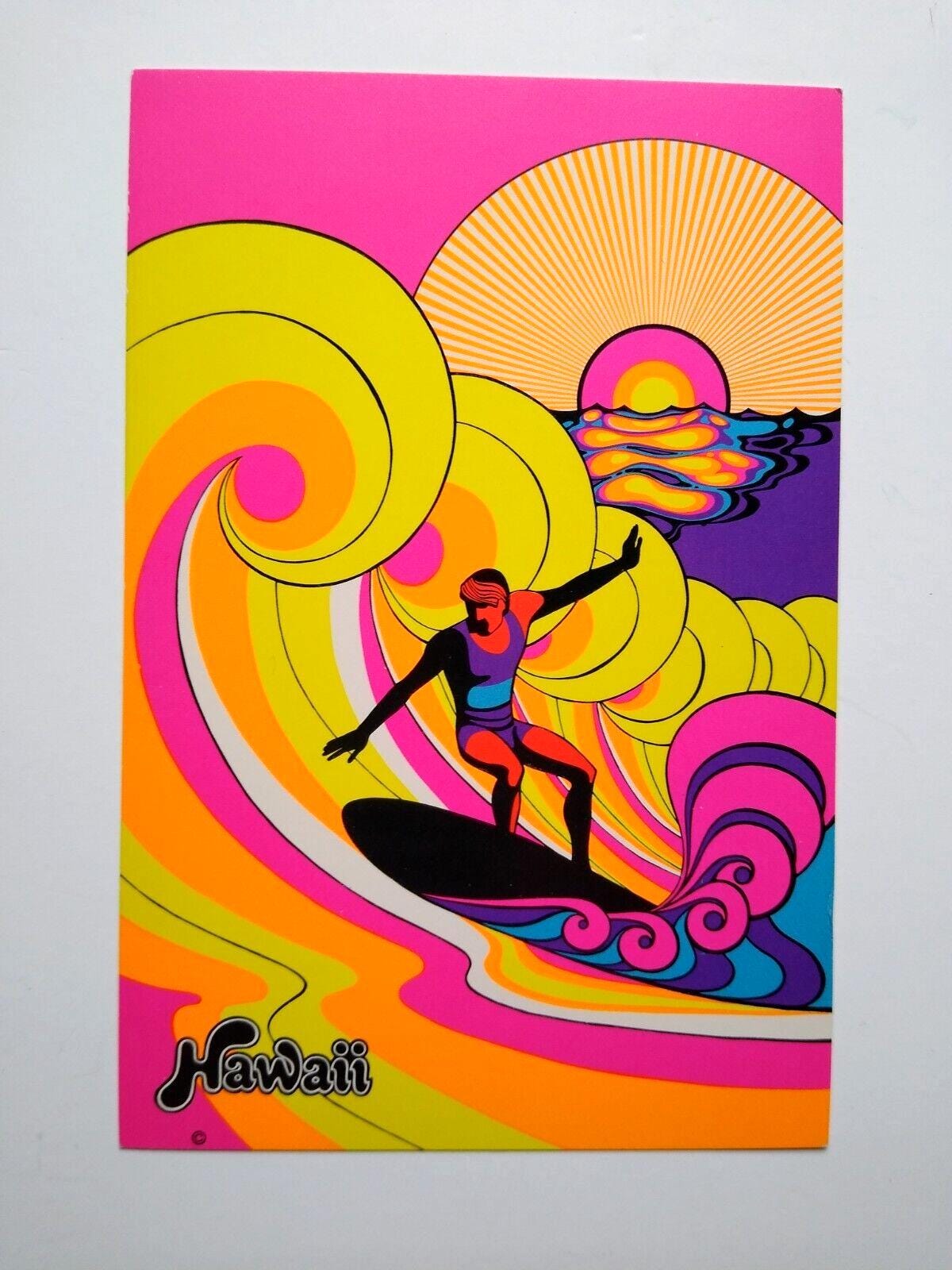 Hawaiian Surfer Waves Sun Psychedelic Postcard Ponio Craft Groovy