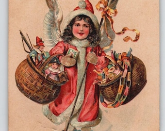 Vintage 1908 geprägter Weihnachtsengel hält Körbe Postkarte Spielzeug & Mistel