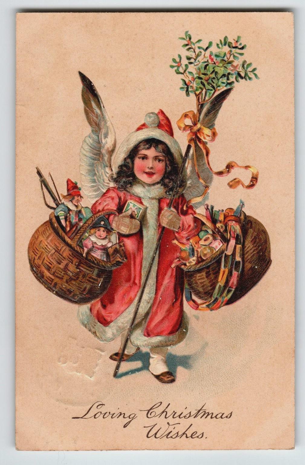 ヴィンテージ 1908年 エンボス加工 クリスマスエンジェル バスケット