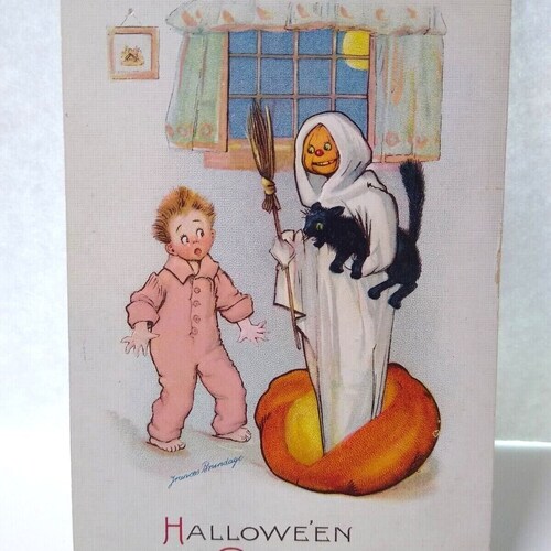 Halloween Postcard Ghost Goblin Hold Black Cat Moon Signed shops Frances Brundage 125