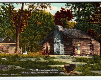 Mountaineers Cabin Great Smokey Mountains Park North Carolina Linen Postcard