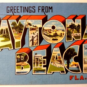 Carte postale en lin grande lettre, Daytona Beach, Floride, 1962 salutations Tichnor