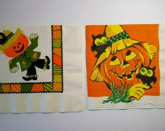 Vintage Halloween Crepe Paper Napkins, Scarecrow & Pumpkin Designs (Set of 2)
