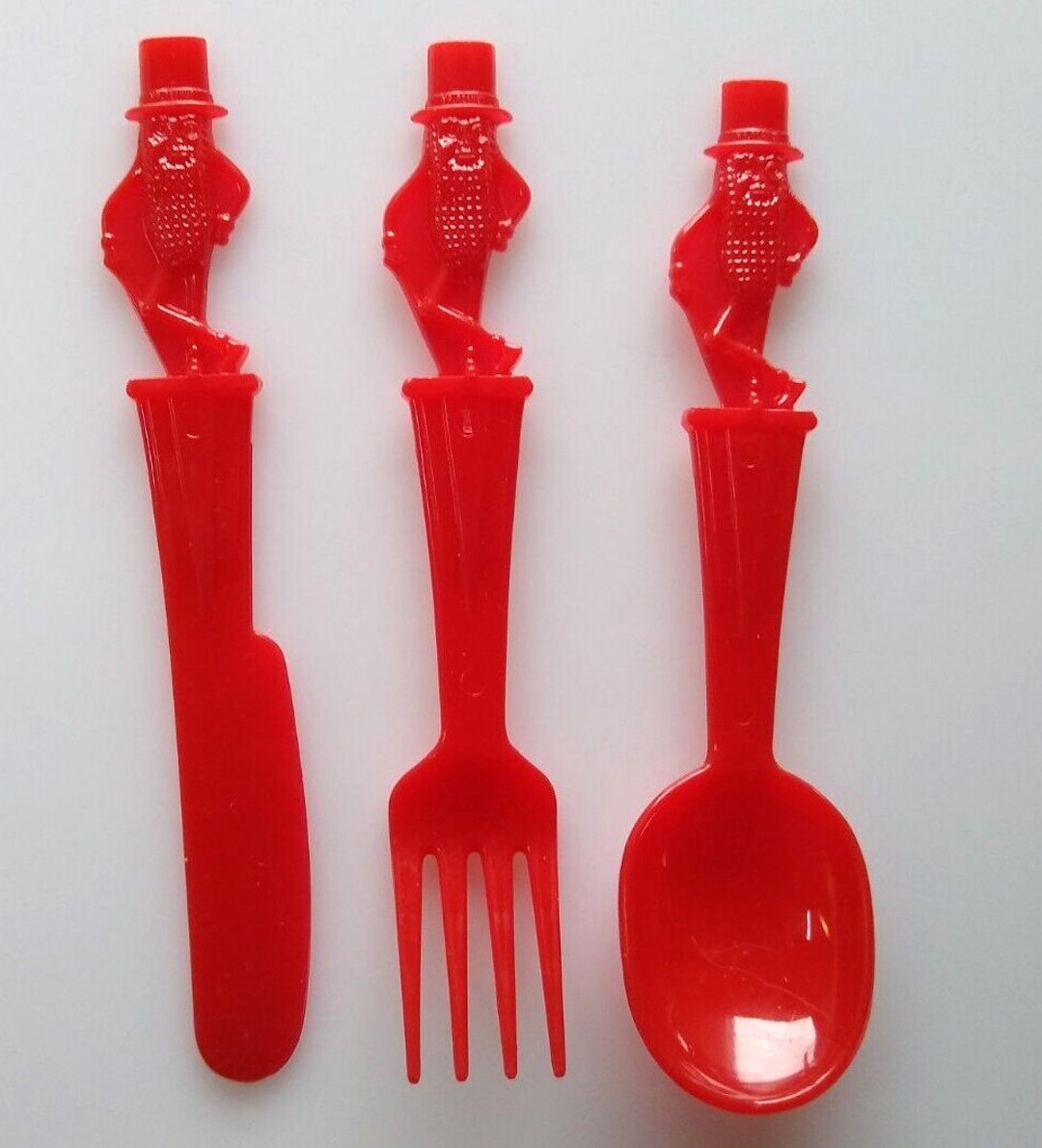 Mr Peanut Vintage Red Plastic Fork Knife Spoon Set 1950s Planters
