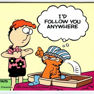 Carte postale Garfield Cat Follow You Anywhere, Jim Davis 1978, dessin animé orange tigré, cadeau unique