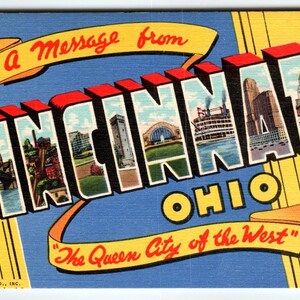 Carte postale grande lettre Cincinnati (Ohio) des années 1940, Grande lettre Linen Curt Teich