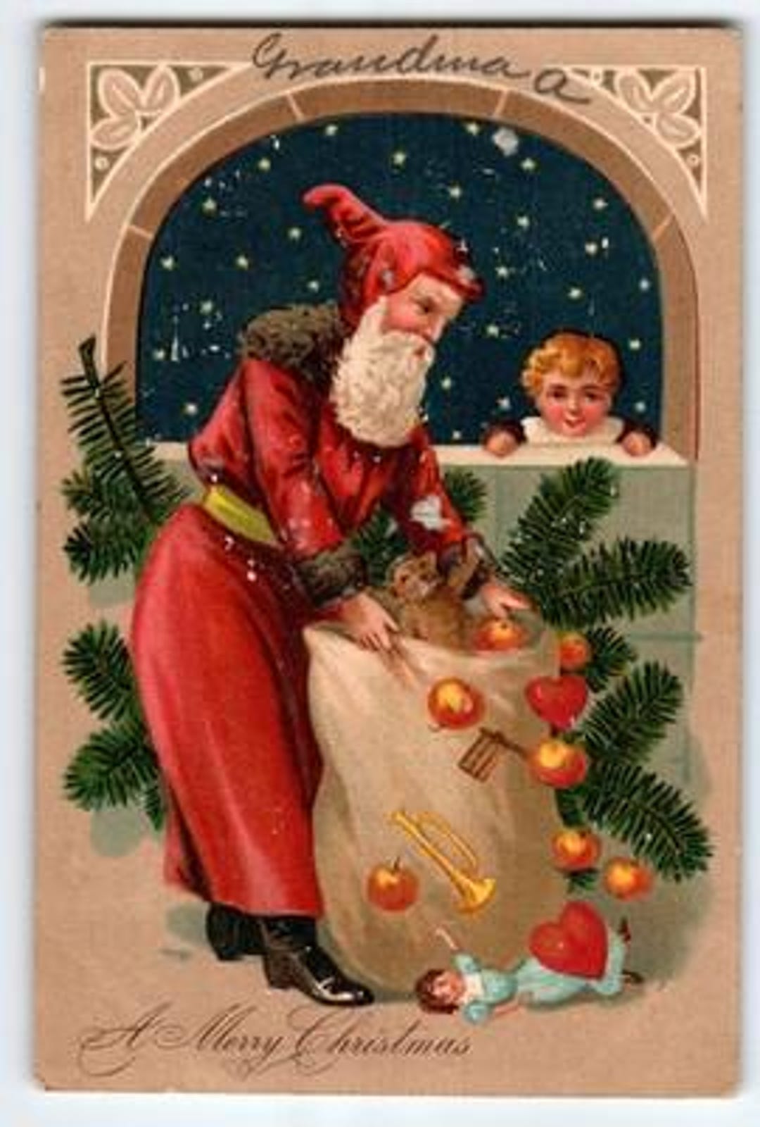 1913年ヴィンテージのサンタクロースと子供とおもちゃのクリスマス