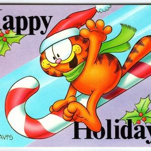 Garfield Postkarte Weihnachten Happy Holidays Katze auf Zuckerstange Jim Denim 1978