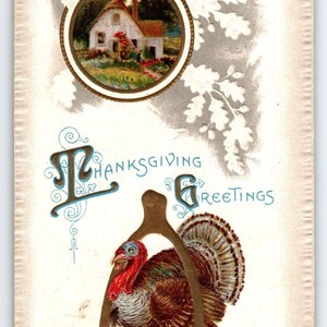 Carte postale de voeux de Thanksgiving Turquie 1910 AS Meeker Wishbone en relief 946