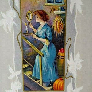 ハロウィーンポストカード 階段に手鏡を持つビクトリア朝の女性 345 F ステッチャー ユニークなギフト