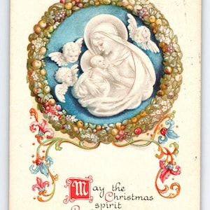 Christmas Postcard Madonna Child Cherub Angels Wreath Wolf Series 26 Vintage