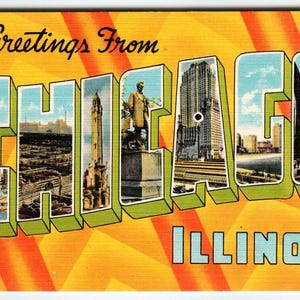 Salutations de Chicago, Illinois, années 40, carte postale, grande lettre, lin, vintage, rétro