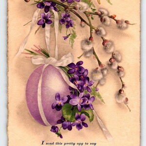 Ostern Postkarte 1910 Lila Bemalte Ei Weiden Blumen Vintage Beste Wünsche