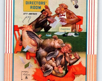 Monkey Dressed Directors Room Seal Fantasy Trade Card Artist Lawson Wood 1940's
