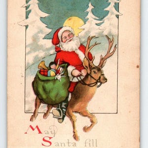 Santa Claus Weihnachtspostkarte Saint Nick reitet Rentiermond Schnee Gibson 1910's