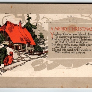Christmas Postcard AM Davis 1919 Rustic Country Scene Vintage Cottage Trees Unique Gift